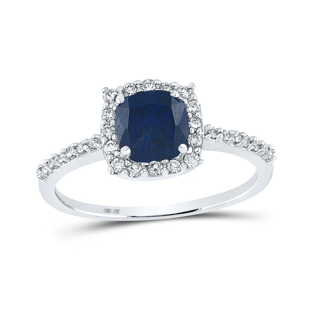 Gemstone Fashion Ring | 10kt White Gold Womens Cushion Lab-Created Blue Sapphire Diamond Solitaire Ring 1-1/2 Cttw | Splendid Jewellery GND