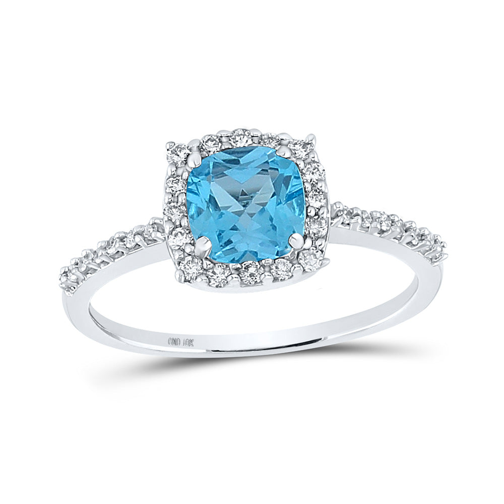 Gemstone Fashion Ring | 10kt White Gold Womens Cushion Lab-Created Blue Topaz Diamond Solitaire Ring 1-1/5 Cttw | Splendid Jewellery GND