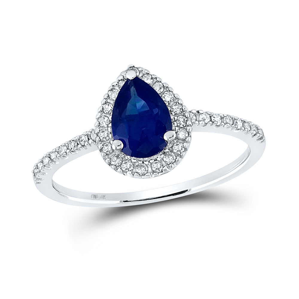 Gemstone Fashion Ring | 10kt White Gold Womens Pear Lab-Created Blue Sapphire Solitaire Ring 1 Cttw | Splendid Jewellery GND