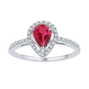 Gemstone Fashion Ring | 10kt White Gold Womens Pear Lab-Created Ruby Diamond Solitaire Ring 1 Cttw | Splendid Jewellery GND