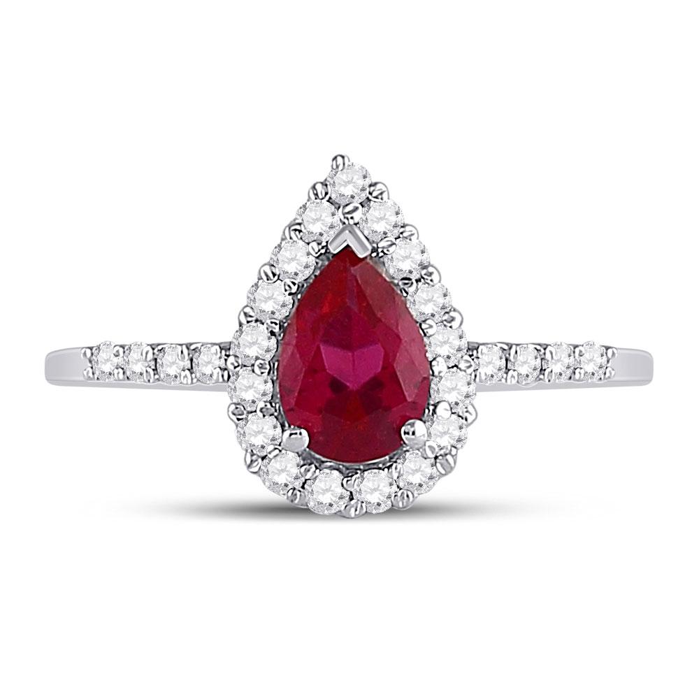 Gemstone Fashion Ring | 10kt White Gold Womens Pear Lab-Created Ruby Solitaire Diamond Frame Ring 1-1/5 Cttw | Splendid Jewellery GND