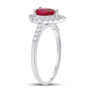 Gemstone Fashion Ring | 10kt White Gold Womens Pear Lab-Created Ruby Solitaire Diamond Frame Ring 1-1/5 Cttw | Splendid Jewellery GND