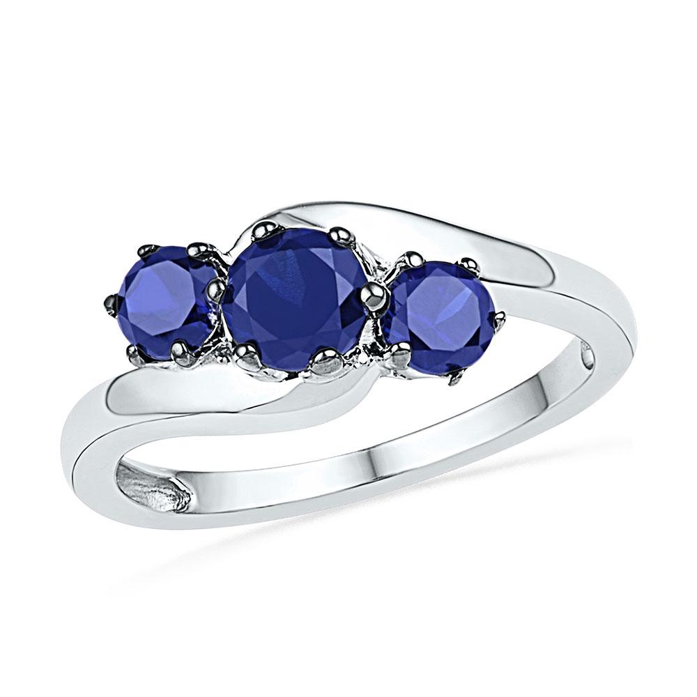 Gemstone Fashion Ring | 10kt White Gold Womens Round Lab-Created Blue Sapphire 3-stone Ring 1-1/2 Cttw | Splendid Jewellery GND