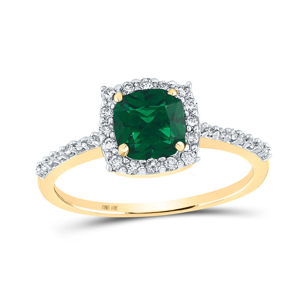 Gemstone Fashion Ring | 10kt Yellow Gold Womens Cushion Lab-Created Emerald Diamond Solitaire Ring 1-1/5 Cttw | Splendid Jewellery GND