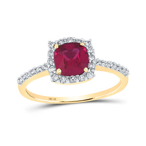 Gemstone Fashion Ring | 10kt Yellow Gold Womens Cushion Lab-Created Ruby Diamond Solitaire Ring 1-1/2 Cttw | Splendid Jewellery GND