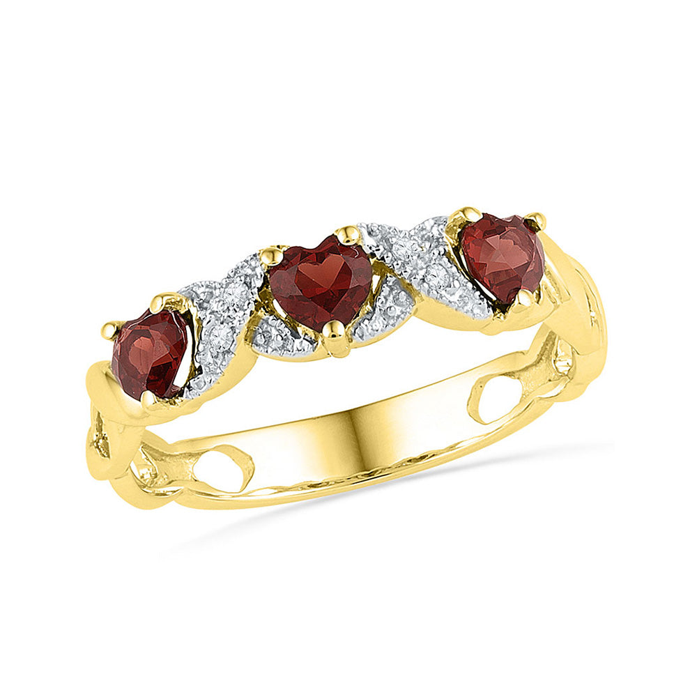Gemstone Fashion Ring | 10kt Yellow Gold Womens Heart Garnet Diamond 3-stone Ring 7/8 Cttw | Splendid Jewellery GND