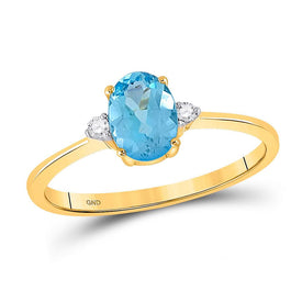 Radiant Blue Sparkle: 10kt Yellow Gold Womens Oval Lab-Created Blue Topaz Solitaire Diamond Ring 1 Cttw Top View from Splendid Jewellery