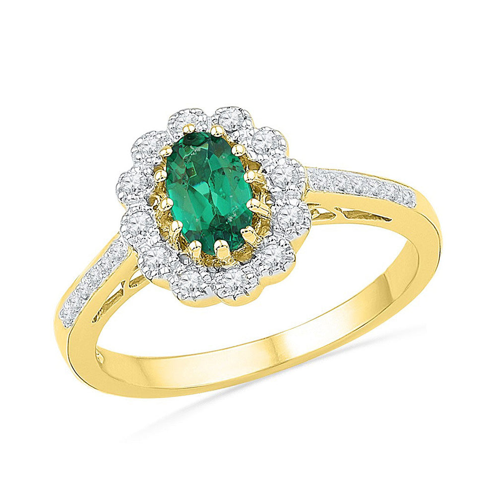 Gemstone Fashion Ring | 10kt Yellow Gold Womens Oval Lab-Created Emerald Diamond Solitaire Ring 7/8 Cttw | Splendid Jewellery GND