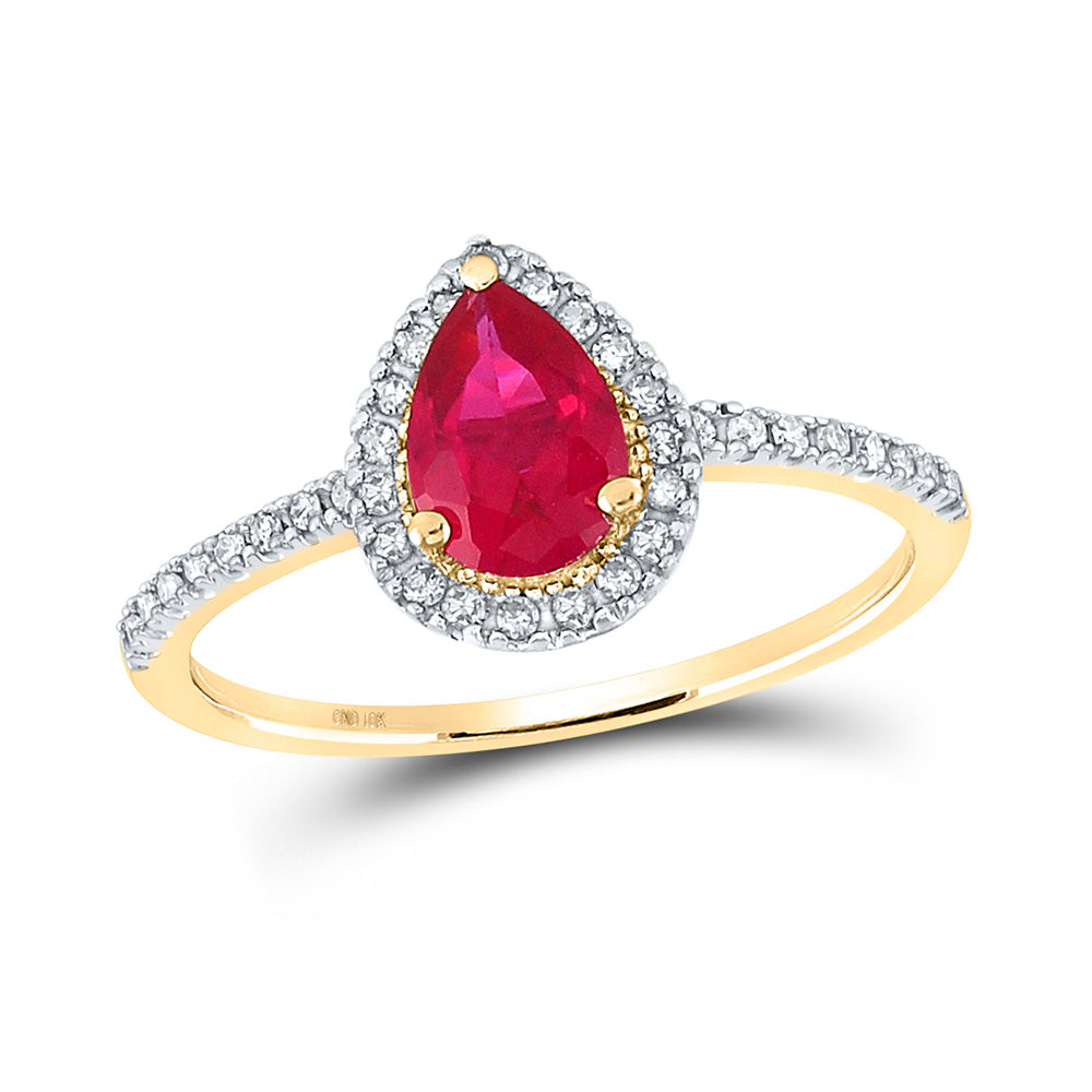 Gemstone Fashion Ring | 10kt Yellow Gold Womens Pear Lab-Created Ruby Solitaire Ring 1 Cttw | Splendid Jewellery GND
