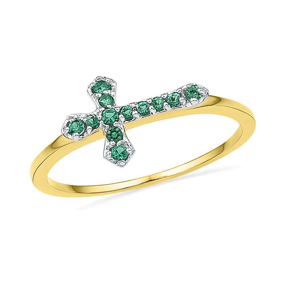 Gemstone Fashion Ring | 10kt Yellow Gold Womens Round Lab-Created Emerald Cross Band Ring 1/8 Cttw | Splendid Jewellery GND