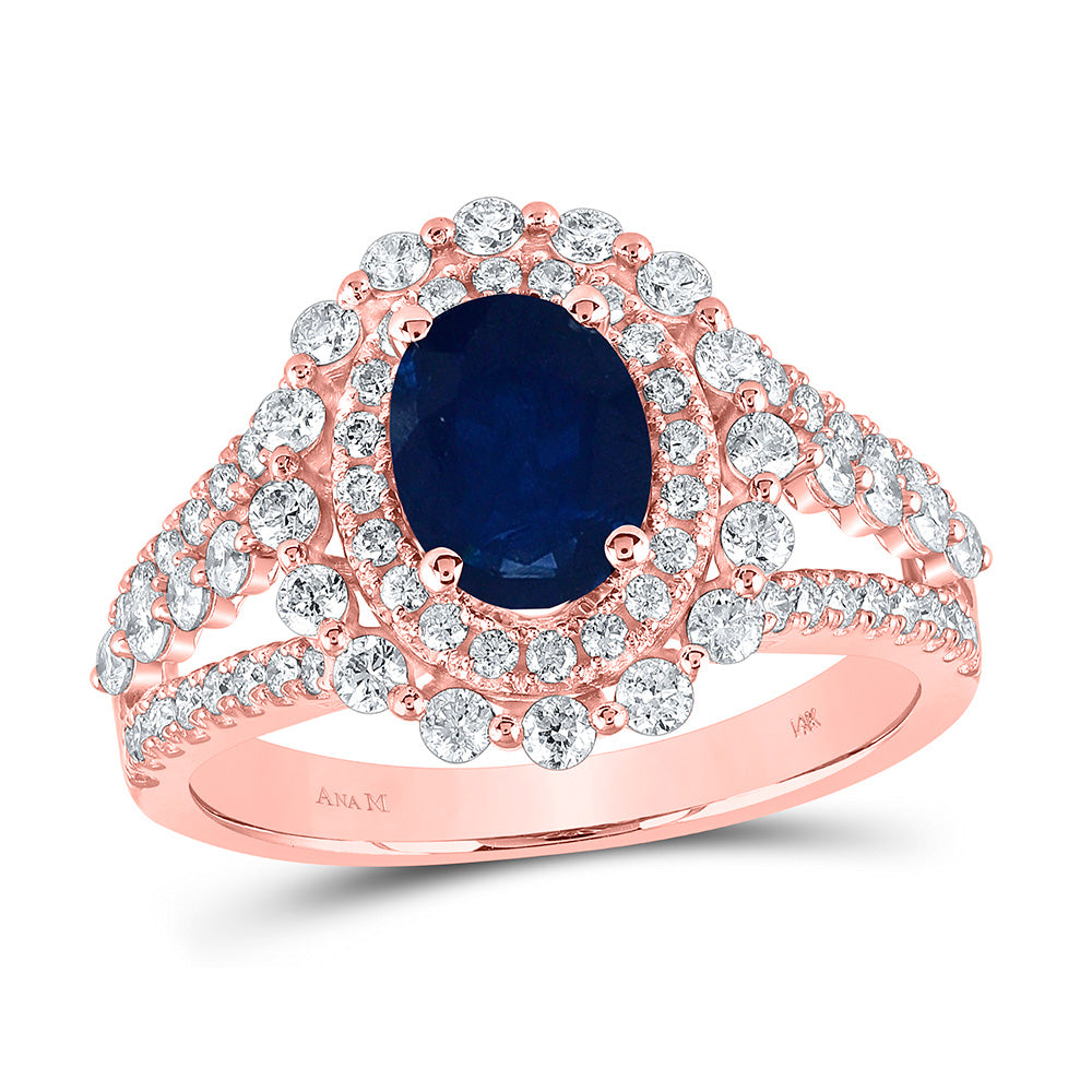 Gemstone Fashion Ring | 14kt Rose Gold Womens Oval Blue Sapphire Diamond Fashion Ring 2-1/4 Cttw | Splendid Jewellery GND