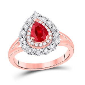 Gemstone Fashion Ring | 14kt Rose Gold Womens Pear Ruby Teardrop Diamond Halo Ring 1-1/4 Cttw | Splendid Jewellery GND