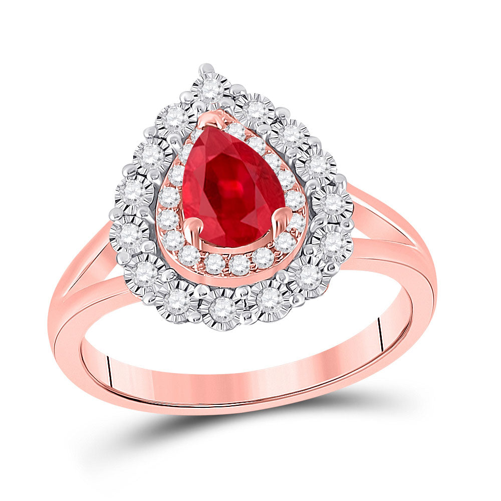 Gemstone Fashion Ring | 14kt Rose Gold Womens Pear Ruby Teardrop Diamond Halo Ring 1-1/4 Cttw | Splendid Jewellery GND