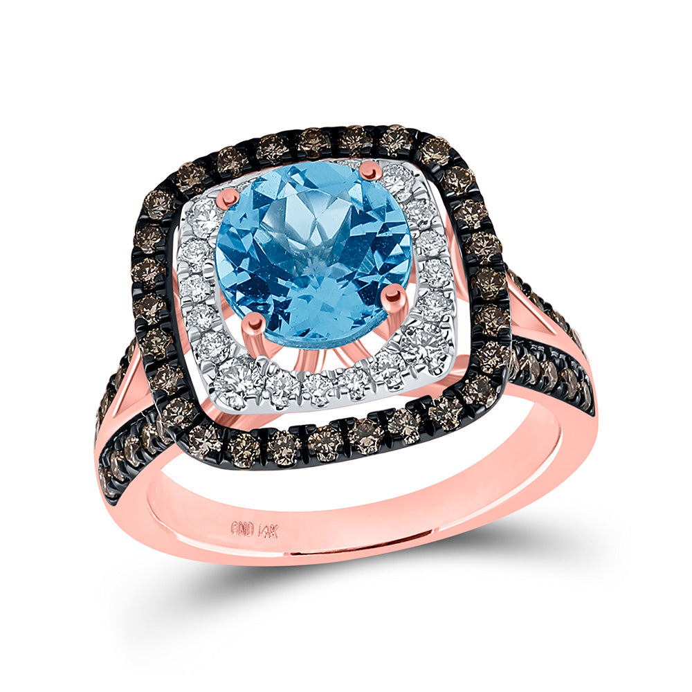 Gemstone Fashion Ring | 14kt Rose Gold Womens Round Blue Topaz Brown Diamond Halo Ring 1 Cttw | Splendid Jewellery GND