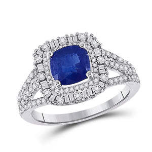Gemstone Fashion Ring | 14kt White Gold Womens Cushion Blue Sapphire Diamond Halo Ring 2 Cttw | Splendid Jewellery GND