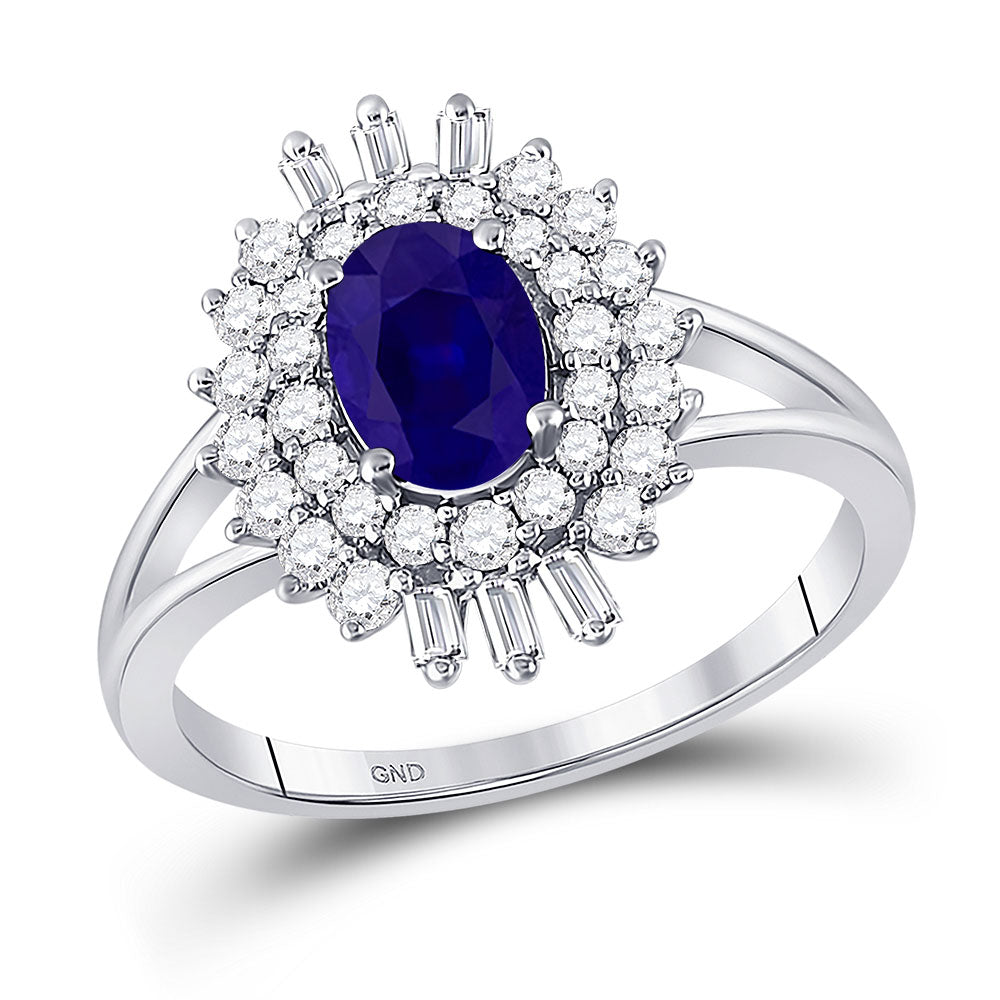 Gemstone Fashion Ring | 14kt White Gold Womens Oval Blue Sapphire Diamond Solitaire Ring 1-1/3 Cttw | Splendid Jewellery GND