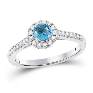 Gemstone Fashion Ring | 14kt White Gold Womens Round Blue Topaz Diamond Solitaire Ring 5/8 Cttw | Splendid Jewellery GND