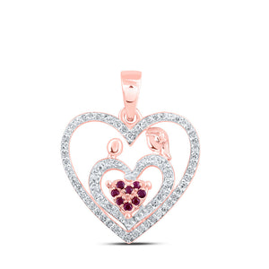 Gemstone For Mom Pendant | 10kt Rose Gold Womens Round Ruby Mom Child Heart Pendant 1/5 Cttw | Splendid Jewellery GND