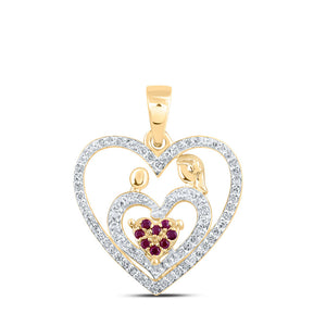 Gemstone For Mom Pendant | 10kt Yellow Gold Womens Round Ruby Mom Child Heart Pendant 1/5 Cttw | Splendid Jewellery GND