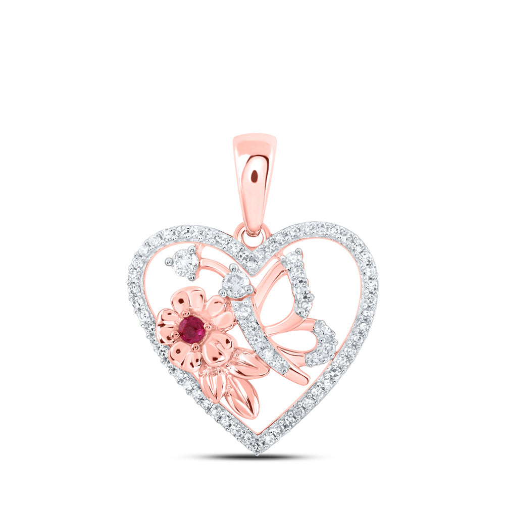 Gemstone Heart & Love Symbol Pendant | 10kt Rose Gold Womens Round Ruby Diamond Butterfly Heart Pendant 1/5 Cttw | Splendid Jewellery GND