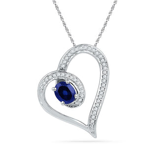 Gemstone Heart & Love Symbol Pendant | 10kt White Gold Womens Oval Lab-Created Blue Sapphire Heart Outline Pendant 3/4 Cttw | Splendid Jewellery GND