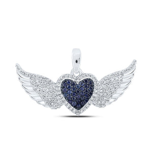 Gemstone Heart & Love Symbol Pendant | 10kt White Gold Womens Round Blue Sapphire Diamond Wing Heart Pendant 3/8 Cttw | Splendid Jewellery GND