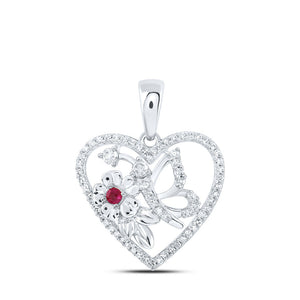 Gemstone Heart & Love Symbol Pendant | 10kt White Gold Womens Round Ruby Diamond Butterfly Heart Pendant 1/5 Cttw | Splendid Jewellery GND