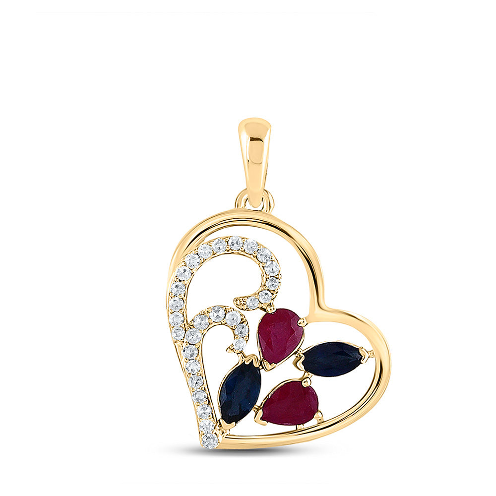 Gemstone Heart & Love Symbol Pendant | 10kt Yellow Gold Womens Pear Ruby Blue Sapphire Diamond Heart Pendant 1 Cttw | Splendid Jewellery GND