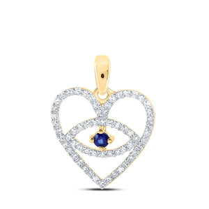 Gemstone Heart & Love Symbol Pendant | 10kt Yellow Gold Womens Round Blue Sapphire Diamond Eye Heart Pendant 1/3 Cttw | Splendid Jewellery GND