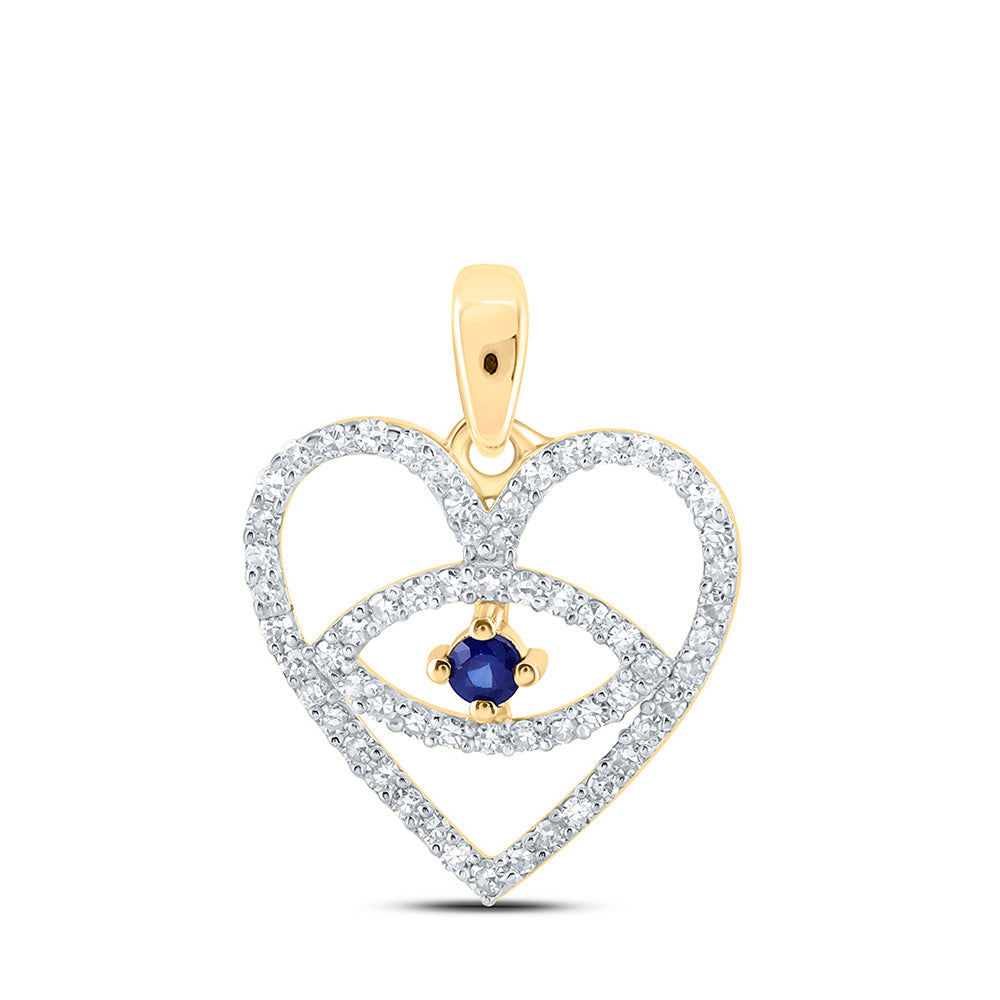 Gemstone Heart & Love Symbol Pendant | 10kt Yellow Gold Womens Round Blue Sapphire Diamond Eye Heart Pendant 1/3 Cttw | Splendid Jewellery GND