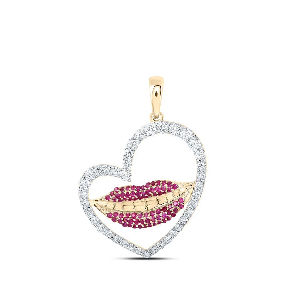Gemstone Heart & Love Symbol Pendant | 10kt Yellow Gold Womens Round Ruby Diamond Lips Heart Pendant 1 Cttw | Splendid Jewellery GND