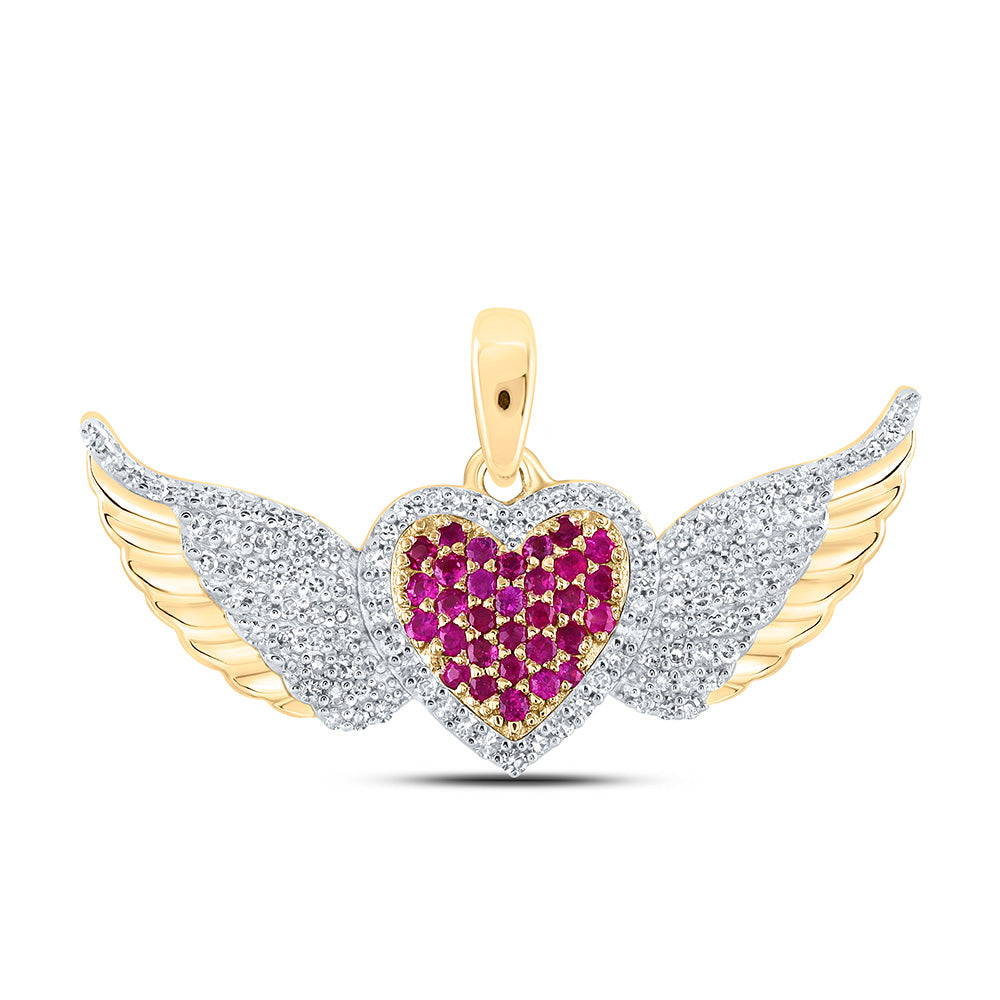 Gemstone Heart & Love Symbol Pendant | 10kt Yellow Gold Womens Round Ruby Diamond Wing Heart Pendant 3/8 Cttw | Splendid Jewellery GND