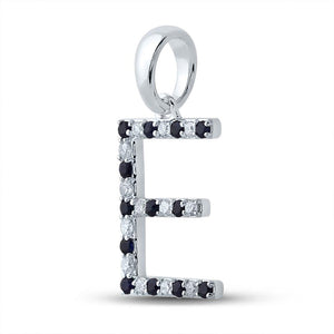 Gemstone Initial & Letter Pendant | 10kt White Gold Womens Round Blue Sapphire Diamond E Letter Pendant 1/5 Cttw | Splendid Jewellery GND