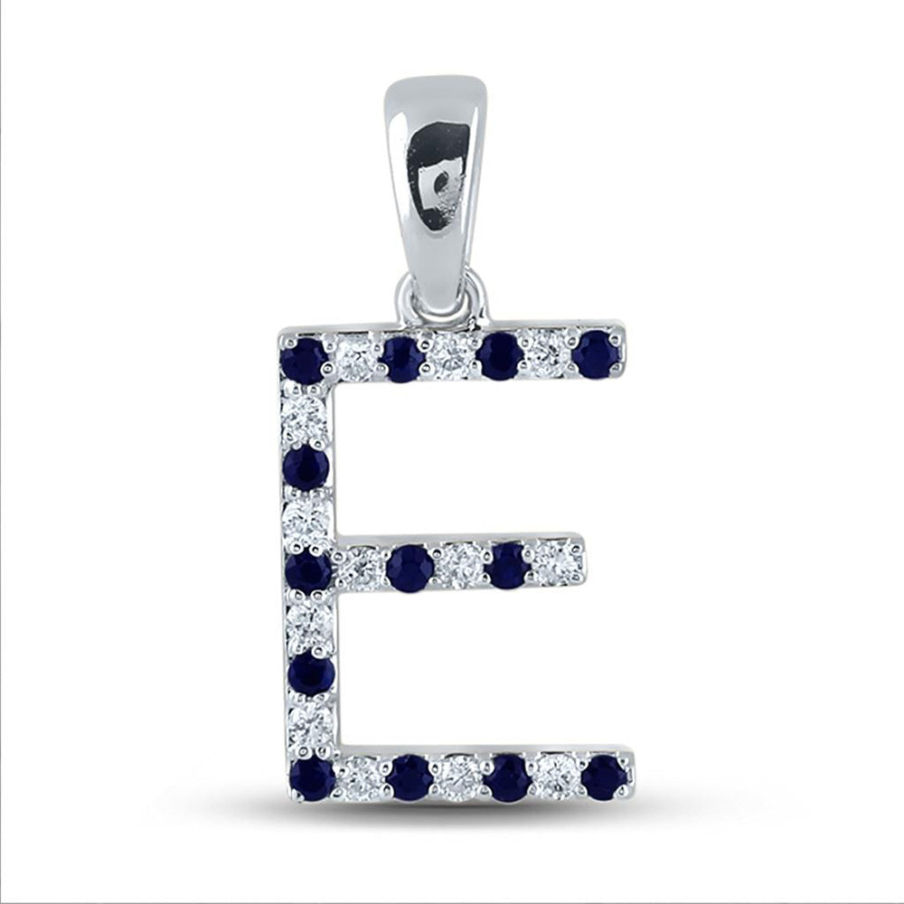 Gemstone Initial & Letter Pendant | 10kt White Gold Womens Round Blue Sapphire Diamond E Letter Pendant 1/5 Cttw | Splendid Jewellery GND