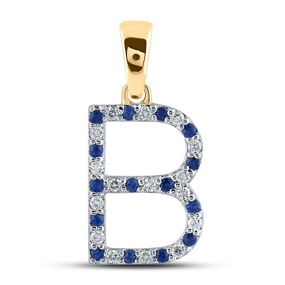 Gemstone Initial & Letter Pendant | 10kt Yellow Gold Womens Round Blue Sapphire Diamond B Letter Pendant 1/4 Cttw | Splendid Jewellery GND