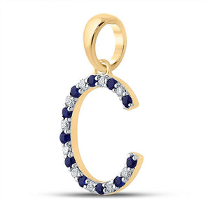Gemstone Initial & Letter Pendant | 10kt Yellow Gold Womens Round Blue Sapphire Diamond C Letter Pendant 1/4 Cttw | Splendid Jewellery GND