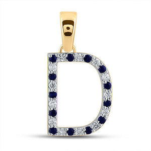 Gemstone Initial & Letter Pendant | 10kt Yellow Gold Womens Round Blue Sapphire Diamond D Letter Pendant 1/4 Cttw | Splendid Jewellery GND