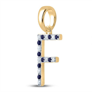 Gemstone Initial & Letter Pendant | 10kt Yellow Gold Womens Round Blue Sapphire Diamond F Letter Pendant 1/5 Cttw | Splendid Jewellery GND