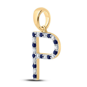 Gemstone Initial & Letter Pendant | 10kt Yellow Gold Womens Round Blue Sapphire Diamond P Letter Pendant 1/5 Cttw | Splendid Jewellery GND