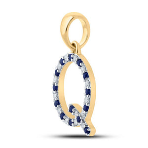 Gemstone Initial & Letter Pendant | 10kt Yellow Gold Womens Round Blue Sapphire Diamond Q Letter Pendant 1/4 Cttw | Splendid Jewellery GND