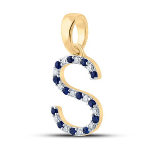 Gemstone Initial & Letter Pendant | 10kt Yellow Gold Womens Round Blue Sapphire Diamond S Letter Pendant 1/4 Cttw | Splendid Jewellery GND