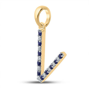 Gemstone Initial & Letter Pendant | 10kt Yellow Gold Womens Round Blue Sapphire Diamond V Letter Pendant 1/6 Cttw | Splendid Jewellery GND