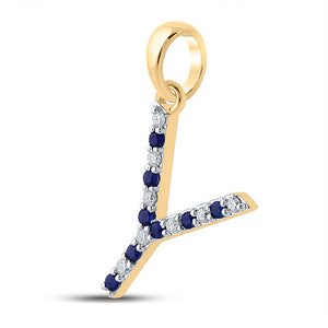 Gemstone Initial & Letter Pendant | 10kt Yellow Gold Womens Round Blue Sapphire Diamond Y Letter Pendant 1/6 Cttw | Splendid Jewellery GND