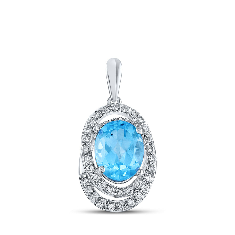 Gemstone Solitaire Pendant | 10kt White Gold Womens Oval Lab-Created Blue Topaz Diamond Solitaire Pendant 2-1/2 Cttw | Splendid Jewellery GND