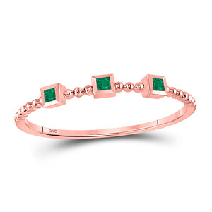 Gemstone Stackable Band | 10kt Rose Gold Womens Princess Emerald Beaded 3-stone Stackable Band Ring .03 Cttw | Splendid Jewellery GND
