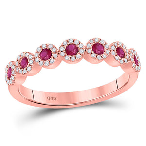 Gemstone Stackable Band | 10kt Rose Gold Womens Round Ruby Halo Stackable Band Ring 1/2 Cttw | Splendid Jewellery GND