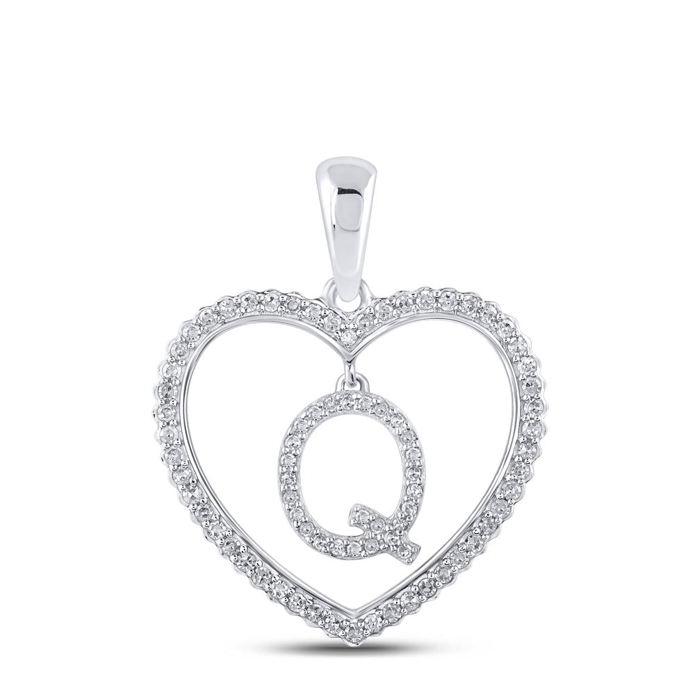 Heartfelt Diamond Initial Pendant | 10kt White Gold Womens Round Diamond Q Letter Heart Pendant 1/4 Cttw | Splendid Jewellery - Splendid Jewellery