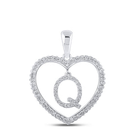 Heartfelt Diamond Initial Pendant | 10kt White Gold Womens Round Diamond Q Letter Heart Pendant 1/4 Cttw | Splendid Jewellery - Splendid Jewellery