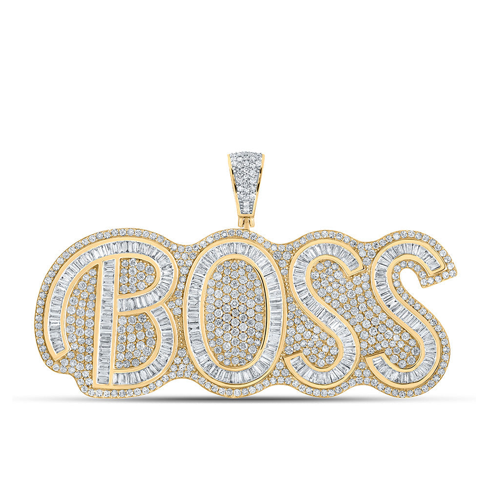 Men's Diamond Charm Pendant | 10kt Two-tone Gold Mens Baguette Diamond BOSS Charm Pendant 6-3/4 Cttw | Splendid Jewellery GND