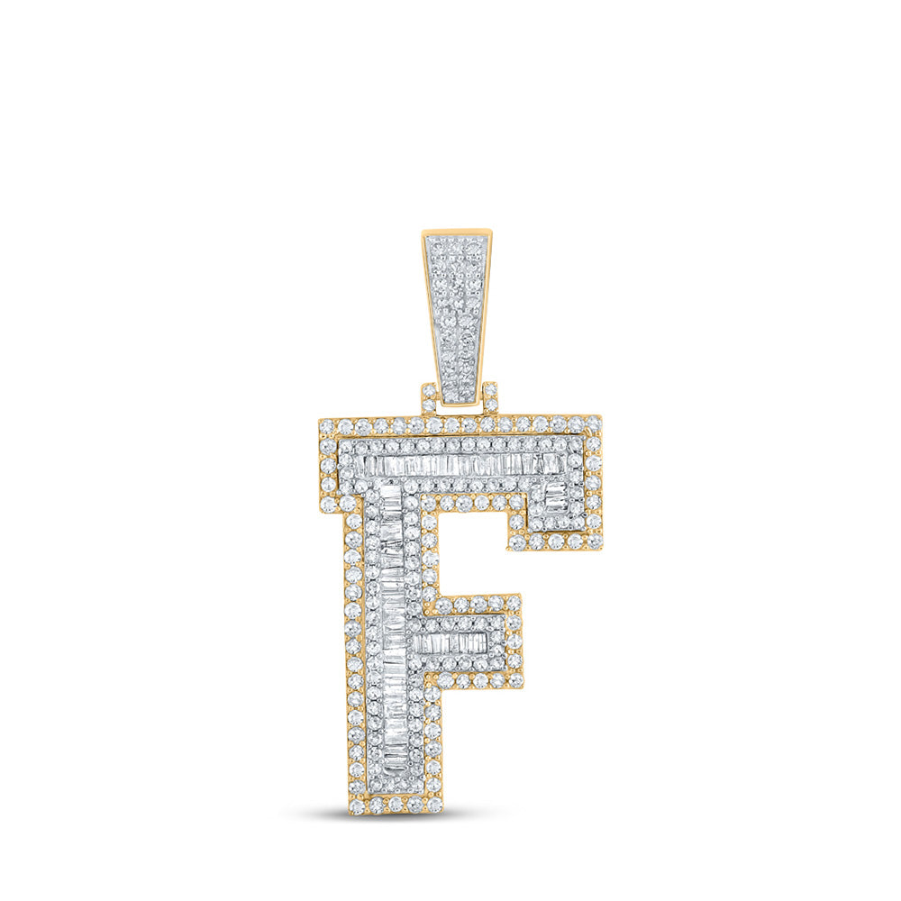 Men's Diamond Charm Pendant | 10kt Two-tone Gold Mens Baguette Diamond F Initial Letter Charm Pendant 1-1/2 Cttw | Splendid Jewellery GND